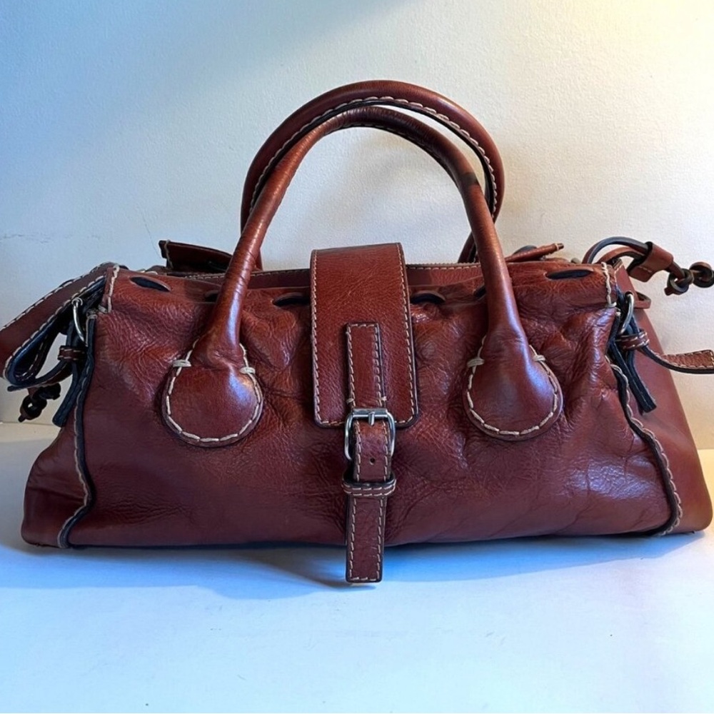 Chloe Grande Satchel Shoulder Bag Cognac Color Leather Travel Bag